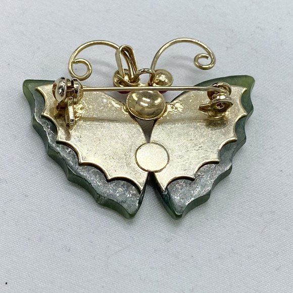 Vintage Green Jade Carved Wing Butterfly Brooch Pin - Picture 3 of 3